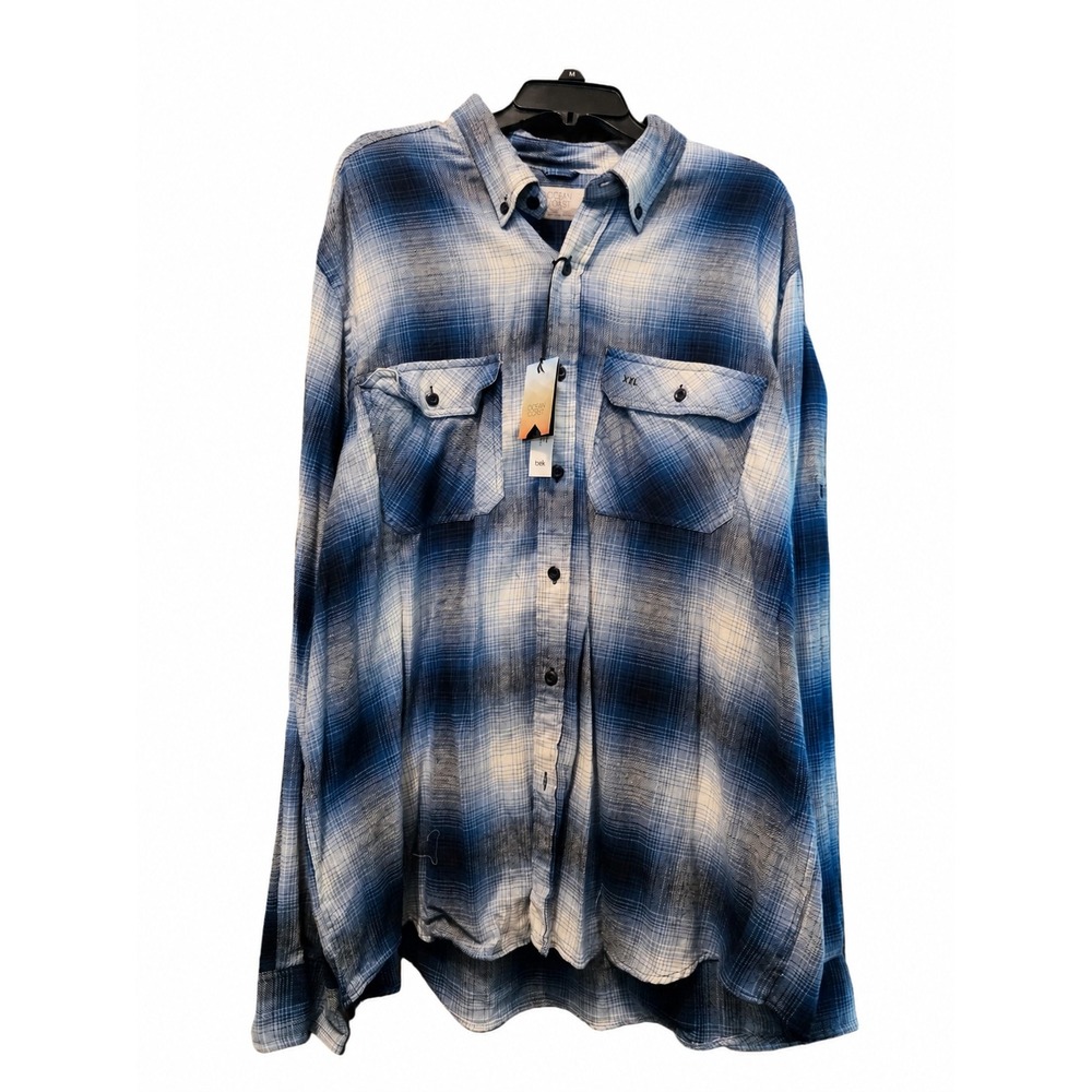 Ocean Coast Blue Ombre Plaid Flannel Shirt XXL 100% Cotton Button Up Oversized